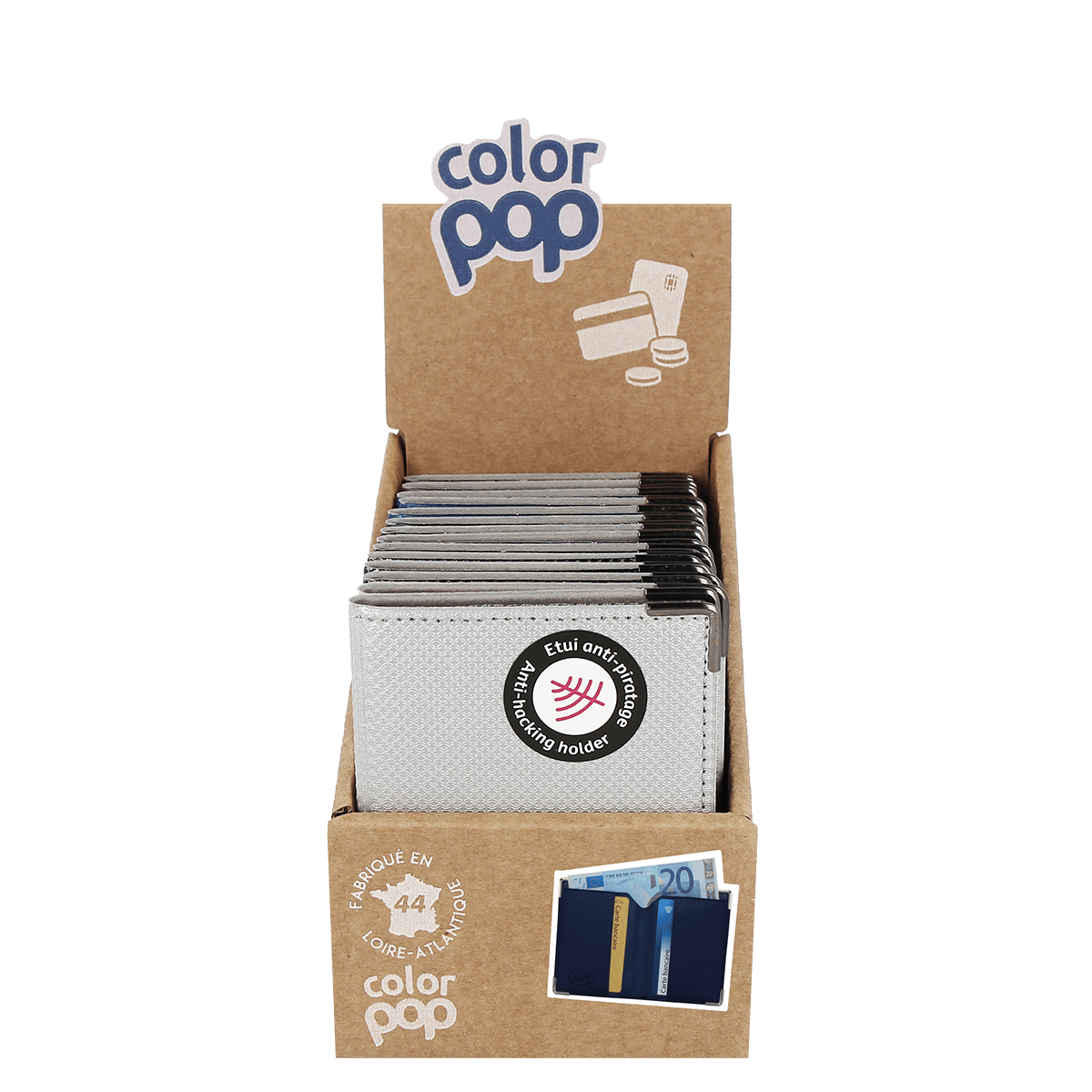 Portefeuille extraplat blindé anti-piratage - Présentoir de 14 unités - Silver